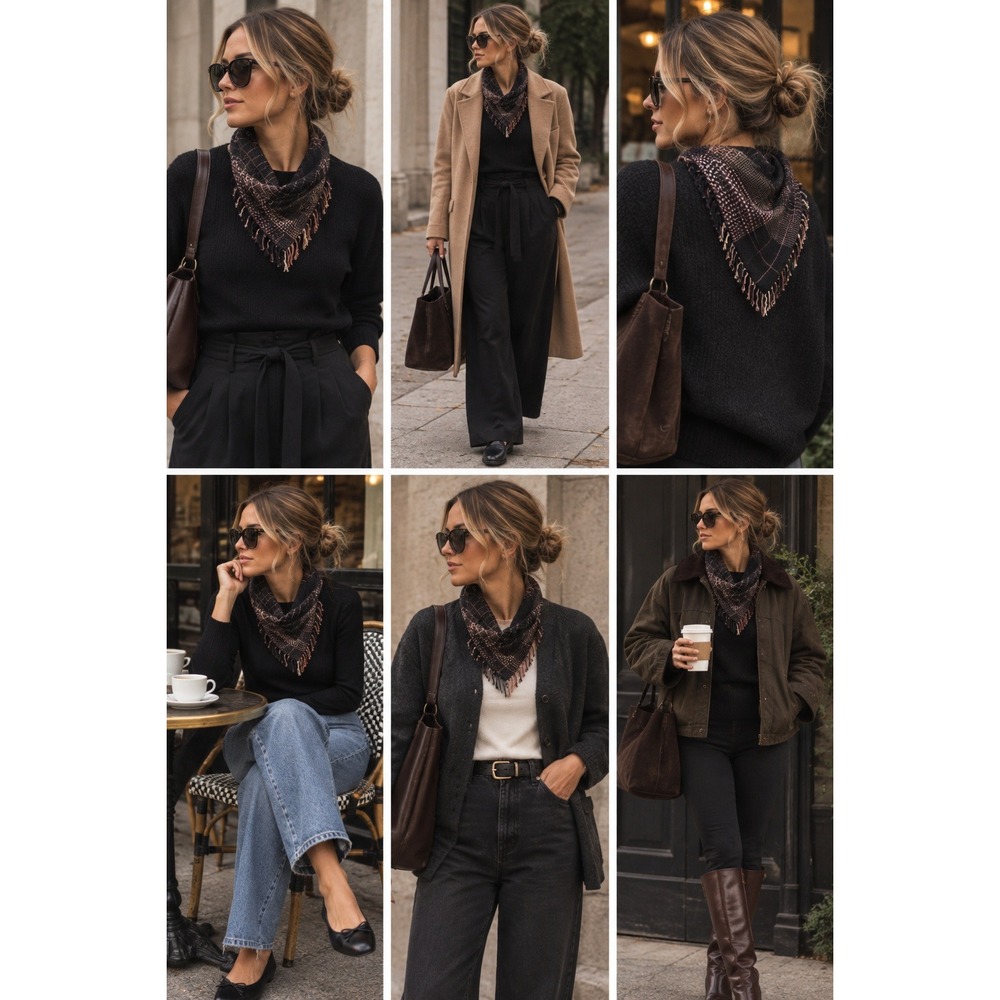Black Scarf extra soft fringed fall accessory travel‎ work casual textural guc